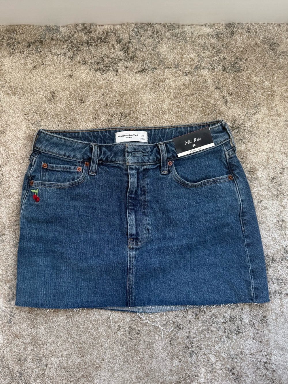 NWT Abercrombie & Fitch Mid-Rise Blue Denim Skirt with Cherry Embroidery
